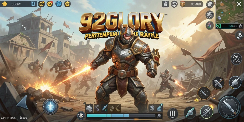 Screenshot utama 92GLORY menampilkan aksi intens dalam pertempuran Battle Royale.