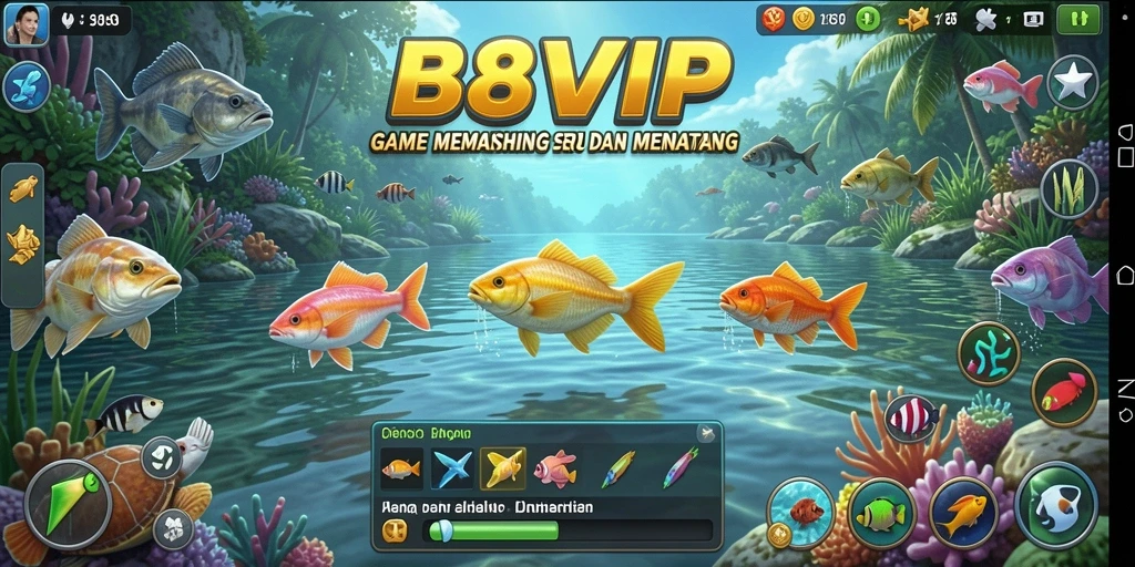 Tampilan gameplay B8VIP dengan pemancing yang sedang menangkap ikan.
