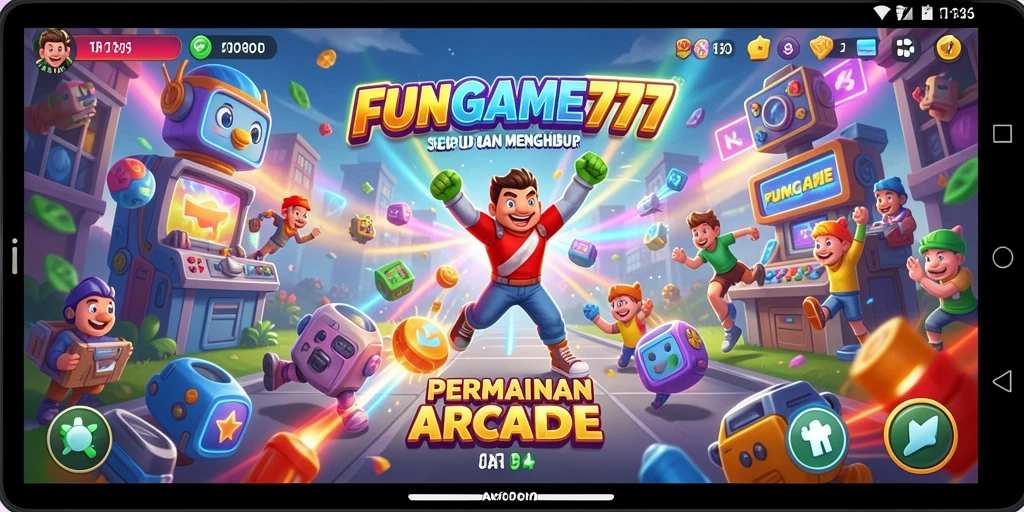 Tangkapan layar utama FUNGAME777 menampilkan gameplay arcade yang penuh warna dan seru.