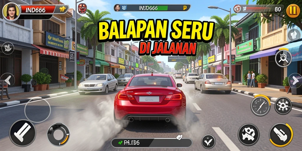 Tangkapan layar gameplay IND666 yang menunjukkan balapan seru di jalanan.