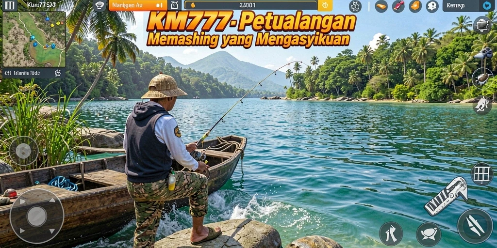 Screenshot gameplay KM777 menampilkan aksi memancing yang seru di tengah alam.