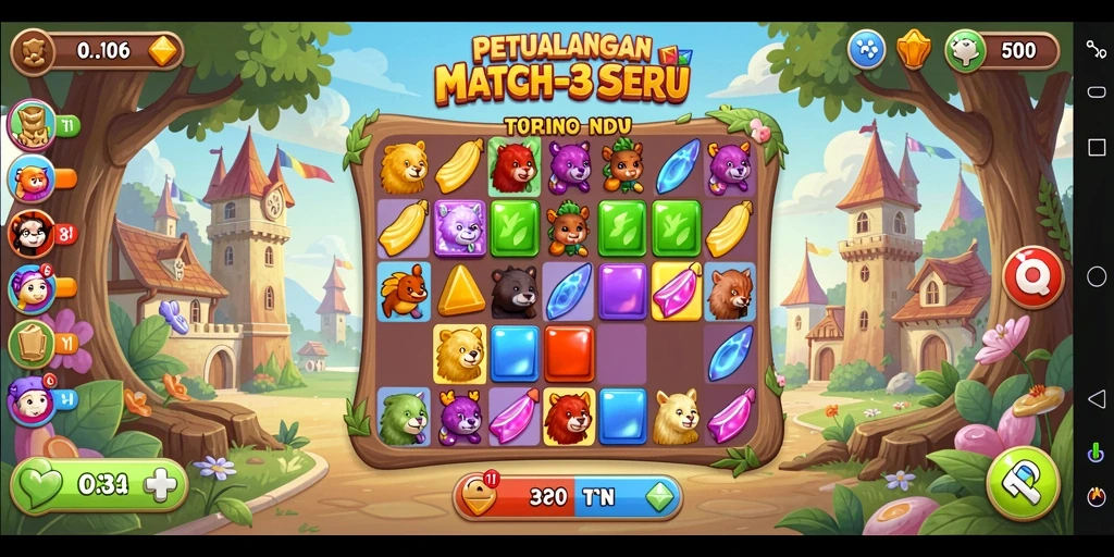 Tampilan gameplay seru N06 dengan permata berwarna-warni.