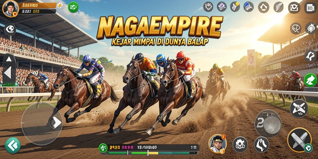 Tangkapan layar gameplay NAGAEMPIRE dengan aksi balap yang mendebarkan.