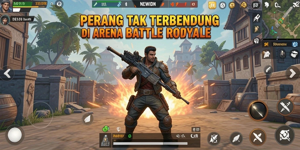 Tangkapan layar gameplay NEWIDN dengan pertarungan seru di arena Battle Royale.