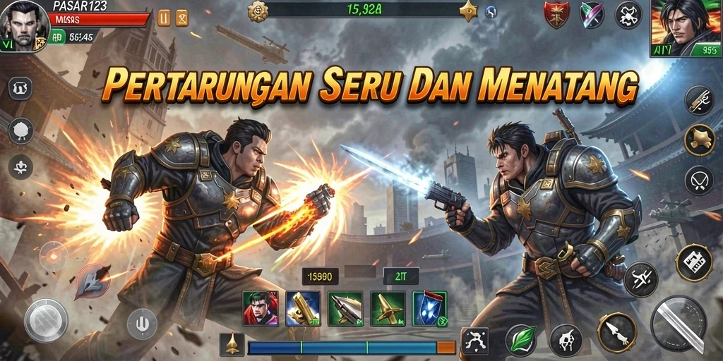 Tangkapan layar utama PASAR123 menampilkan aksi pertarungan yang seru.