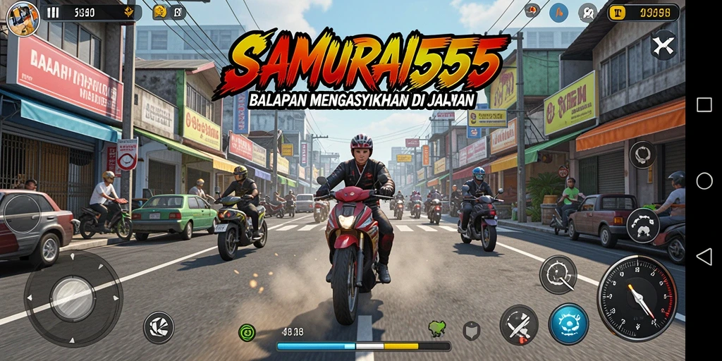 Tangkapan layar gameplay <strong>SAMURAI555</strong> menampilkan aksi balap yang mendebarkan.
