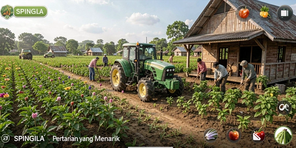 Tampilan gameplay SPINGILA dengan aktivitas bertani yang seru.